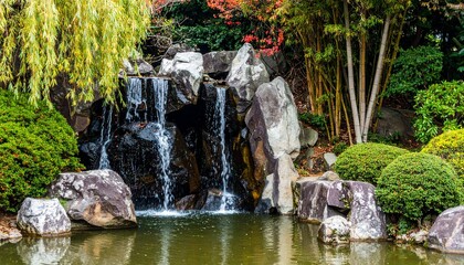 A gentle waterfall flows into a pond, framed by autumn foliage and lush garden greenery.