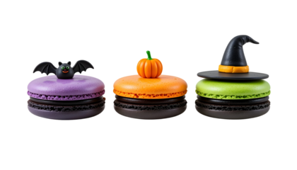 Halloween Macarons PNG – Transparent Background Purple, Orange, Green Cookies with Bat, Pumpkin & Witch Hat Toppers Festive Dessert