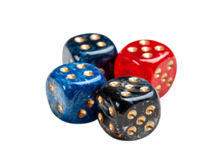 Four colorful dice with gold dots on black background, Isolated On Transparent Background, Png