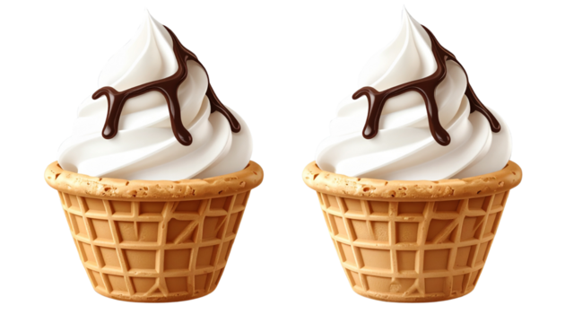 Frozen Yogurt with Creamy White Swirl in Crispy Waffle Bowl Isolated on Transparent Background