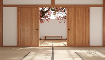 A cherry blossom tree blooms beyond sliding doors in a tranquil Japanese tatami room.