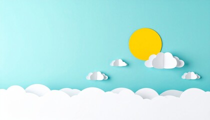 A cheerful sun peeks through clouds above layered blue waves in playful paper-cut style.