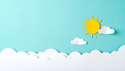 A cheerful sun peeks through clouds above layered blue waves in playful paper-cut style.