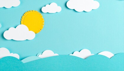 A cheerful sun peeks through clouds above layered blue waves in playful paper-cut style.