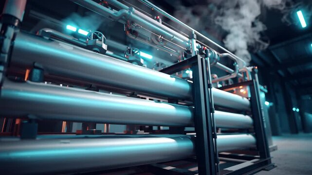 Industrial reverse osmosis skid unit with stainless steel pressure vessel membrane housing, piping and industrial water treatment dimly lit cold blue