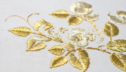 Gold-embossed leaves and flowers bloom on white, radiating elegance and artisanal precision.