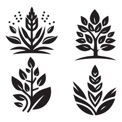 set of black silhouettes of leaf and tree vector design