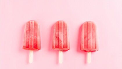 Three red popsicles align on soft pink, their grooves and sticks forming sweet symmetry.