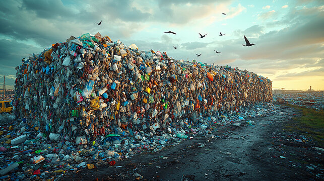 Vast landfill filled with waste under dramatic sky Generative AI