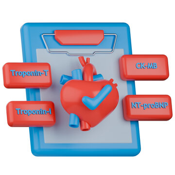 3D medical illustration of clipboard with a human heart and cardiac biomarkers for the diagnosis of Myocardial Infarction and heart failure.