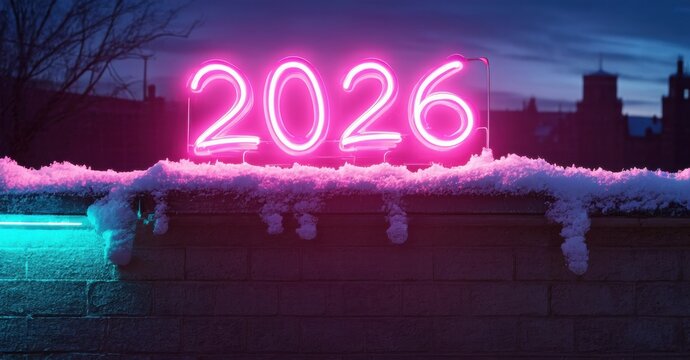 Neon sign displays year 2026. Brick wall covered with snow. Dark sky visible behind structure. Bright pink glow dominates scene.