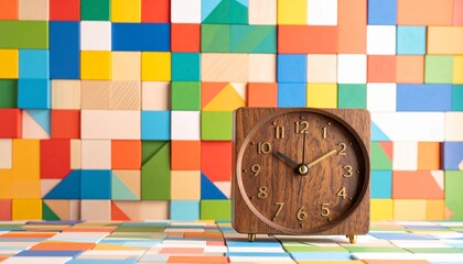 A wooden clock stands before a vivid grid of colorful blocks in geometric harmony.