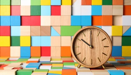 A wooden clock stands before a vivid grid of colorful blocks in geometric harmony.