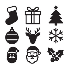 black and white silhouette outline Christmas element art logo design set
