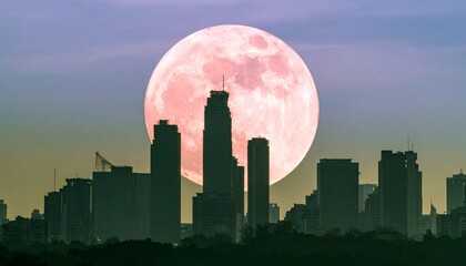 A pink supermoon looms over silhouetted city towers, glowing against a surreal gradient sky.