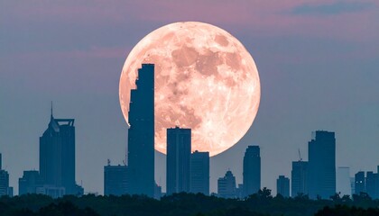 A pink supermoon looms over silhouetted city towers, glowing against a surreal gradient sky.
