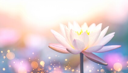 A glowing lotus radiates soft pink and blue hues, floating in pastel serenity.