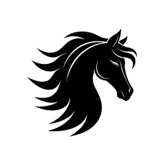 Silhouette of a horse head with flowing mane on transparent background