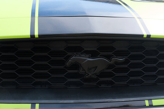 Minsk, Belarus - April 10, 2025: Ford Mustang front grille showcasing iconic horse emblem with sleek black honeycomb design and vibrant yellow stripes, emphasizing automotive excellence 
