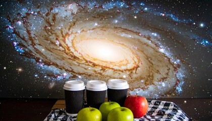 Coffee cups and apples rest on a checkered cloth beneath a swirling cosmic galaxy.