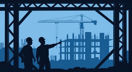 Construction workers at a construction site in a silhouette blue image with crane, structures, and architectural blueprint on a sunny day