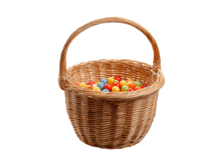 Colorful candy filled wicker basket easter treat, Isolated On Transparent Background, Png