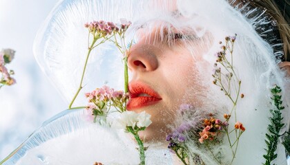 A face glows through icy floral veil, blue eyes and red lips framed in bloom.