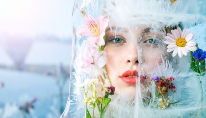 A face glows through icy floral veil, blue eyes and red lips framed in bloom.