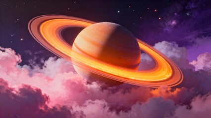 Naklejka premium A stunning depiction of Saturn with its iconic rings, set against a vibrant cosmic backdrop of pink and purple clouds.