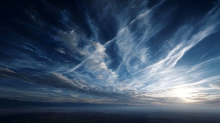 Obraz premium A vast dramatic blue sky is filled with white contrails and clouds stretching over a hazy distant horizon at dawn