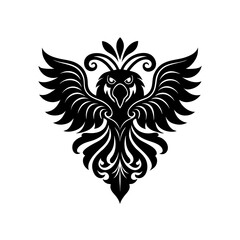 Stylized black bird with spread wings art on transparent background silhouette