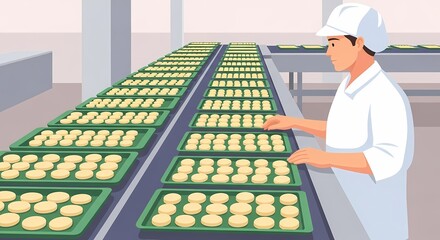 Bakery Factory Line Efficient Automation Process for cookie production. A close-up view of worker managing cookie trays