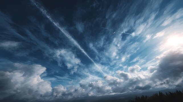 Dramatic sky filled with crisscrossing airplane contrails and bright sunlit clouds above a dark forest