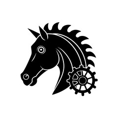 Black horse head with gear vector graphic on transparent background silhouette