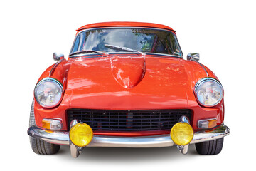 Front view retro red car isolated on white