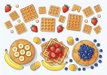 Delicious breakfast waffles and pancakes with fruit drawing style illustration