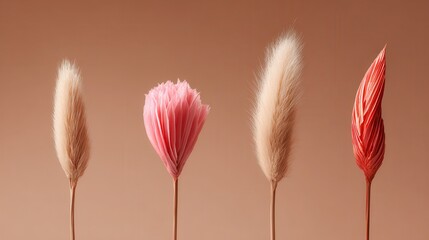 Dried flowers grasses in minimalist arrangement brown background
