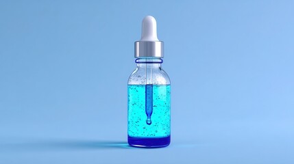 Dropper bottle with blue liquid on minimalist background