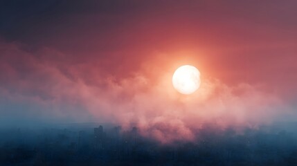 Fototapeta premium Bright sun emerging through swirling clouds over a hazy futuristic cityscape at dawn