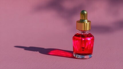 Red facial serum bottle with dropper on pink background