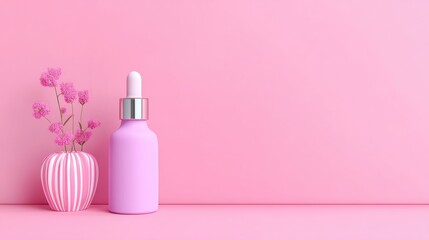 Pink dropper bottle flowers on pastel background