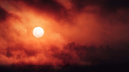 Fiery sunrise obscured by dense red fog over a silhouetted city skyline