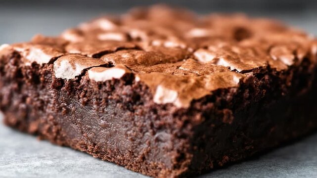 A close-up shot of a freshly baked brownie on a wooden table