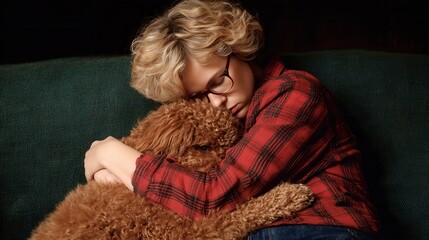 Woman hugging dog on cozy sofa