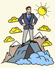 Businessman Standing on Mountain Peak Looking Ahead – Success Concept.