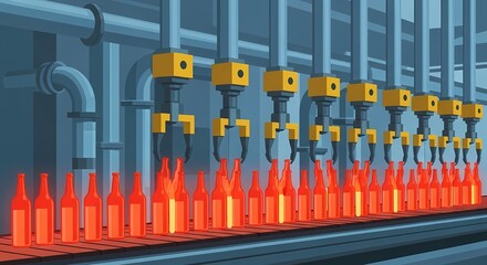 An industrial robotic arm deftly handles molten glass bottles on a factory assembly line, captured in this artistic illustration.