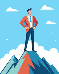 Fototapeta premium Businessman Standing on Mountain Peak Looking Ahead – Success Concept.