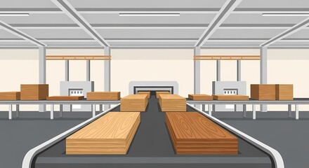 Industrial timber and boxes progress seamlessly on a conveyor belt system inside a vast, modern factory setting. Capture the essence of efficiency and automated production.
