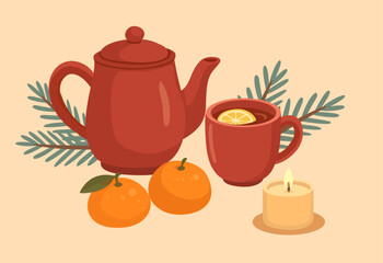 Flat cozy illustration with teapot, cup and fresh mandarins, candle light and fir branches, warm winter composition in minimalist style.