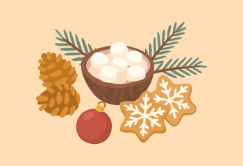 Festive flat illustration with a mug of hot cocoa, marshmallows, gingerbread cookies and Christmas decorations, cozy winter mood.